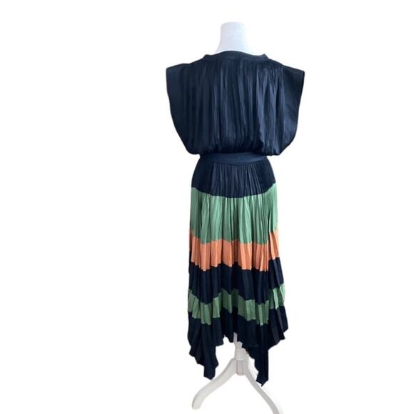 ULLA JOHNSON MaySha Striped Pleated Handkerchief Midi Dress Midnight Navy Size 6 - Picture 3 of 10